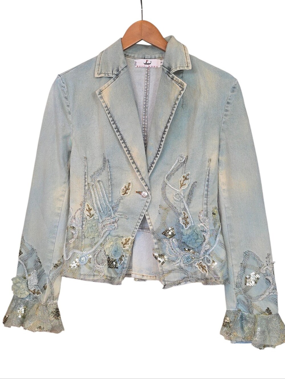 Rossi Roma Vintage Y2K Hand Embellished Denim Blazer Jacket Shabby Chic Size Sm.